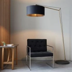 Ashton And Barrow Boston Cantilevered Floor Lamp With Drum Shade - Antique Brass/Black