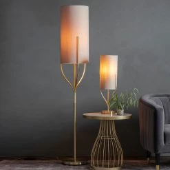 Ashton And Barrow Hunter Elegant Floor Lamp With Tall Shade - Gold/Natural