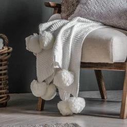 Ashton And Barrow Cream Hygge Knitted Pom Pom Throw Blanket