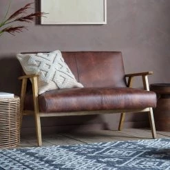 Ashton And Barrow The Leyland Mid-Century Style 2 Seater Sofa - Tan Brown - Leather Furniture