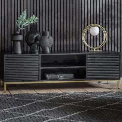 Ashton And Barrow Furniture Roton Reeded Door Media Unit - Black Mango Wood & Gold
