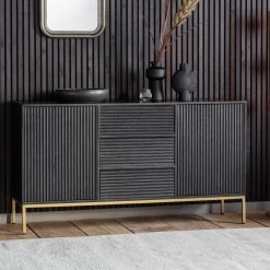 Ashton And Barrow Roton Reeded Door Sideboard - Black Mango Wood & Gold