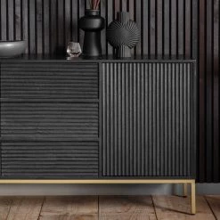 Ashton And Barrow Roton Reeded Door Sideboard - Black Mango Wood & Gold