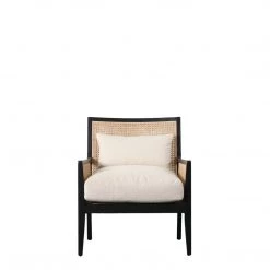 Ashton And Barrow 'Nahomi' Colonial Style Black Timber & Rattan Accent Chair - Cream Cushions