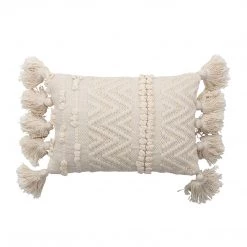 Bloomingville White Boho Tassel Cotton Cushion (35x20cm)