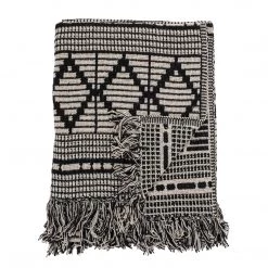 Bloomingville Soft Furnishings Black Pattern Fringed Throw Blanket - Eco Cotton - Indoor/Outdoor
