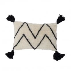 Bloomingville Cozy Tufted Wool Chevron Pattern Cushion With Black Tassels - Wool/Cotton (40x25cm) - Indoor/Outdoor NEW IN!