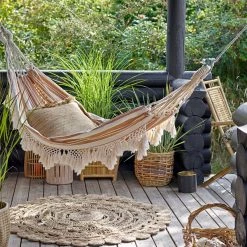 Bloomingville NEW IN! Idyllic Boho Hammock With Macrame Detailing & Neutral Striped Cotton Fabric - Garden/Outdoor/Balcony - (200x100)