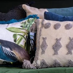 Ashton And Barrow Boho White & Grey Textured Cotton Feather Cushion With Tassels (30x50cm)