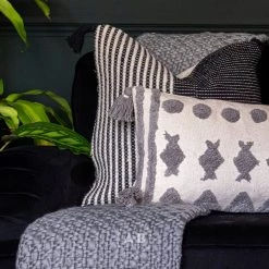 Ashton And Barrow Boho White & Grey Textured Cotton Feather Cushion With Tassels (30x50cm)