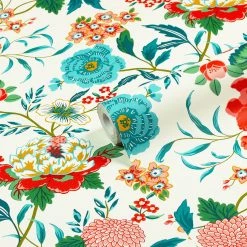 Ashton And Barrow Luxury Botanical Wallpaper - Blue, Orange & Pink (10.5m Length)
