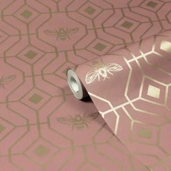 Ashton And Barrow Luxury Art Deco Gold Bee Design Wallpaper - Blush Pink (10.5m Length) Wallpaper (New!)