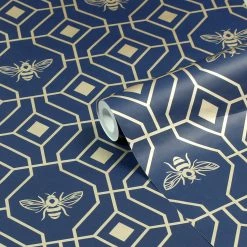Ashton And Barrow Luxury Art Deco Gold Bee Design Wallpaper - Royal Blue (10.5m Length) Wallpaper (New!)