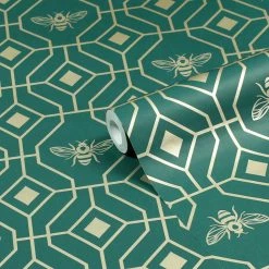Ashton And Barrow NEW IN! Luxury Art Deco Gold Bee Design Wallpaper - Emerald Green (10.5m Length)