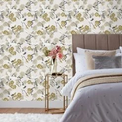 Ashton And Barrow Elegant Crane Bird & Floral Luxury Patterned Wallpaper - Neutrals (10.5m Length) Wallpaper (New!)