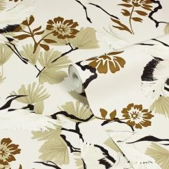 Ashton And Barrow Elegant Crane Bird & Floral Luxury Patterned Wallpaper - Neutrals (10.5m Length) Wallpaper (New!)