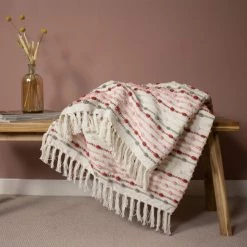 Bloomingville Pink & Grey Striped Throw Blanket - Eco Yarn - Indoor/Outdoor