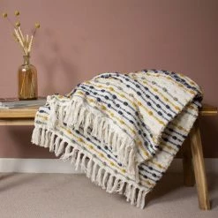 Bloomingville Soft Furnishings Ochre & Blue Striped Throw Blanket - Eco Yarn - Indoor/Outdoor