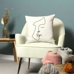Bloomingville Stylised Face Illustration Print Feather Cushion - Eco Cotton (43x43cm) Soft Furnishings