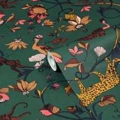Ashton And Barrow Exotic Jungle Animal & Leopard Botanical Luxury Wallpaper - Juniper Green (10.5cm Length) Wallpaper (New!)