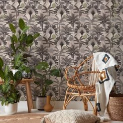 Ashton And Barrow Wallpaper (New!) Malaysian Palm Luxury Botanical Wallpaper - Blush Pink & Charcoal Grey (10.5m Length)