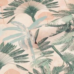 Ashton And Barrow Wallpaper (New!) Malaysian Palm Luxury Botanical Wallpaper, Blush Pink & Green (10.5m Length)