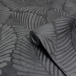 Ashton And Barrow Luxury Art Deco Palm Leaf Design Wallpaper - Charcoal Grey (10.5m Length)