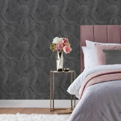 Ashton And Barrow Luxury Art Deco Palm Leaf Design Wallpaper - Charcoal Grey (10.5m Length)