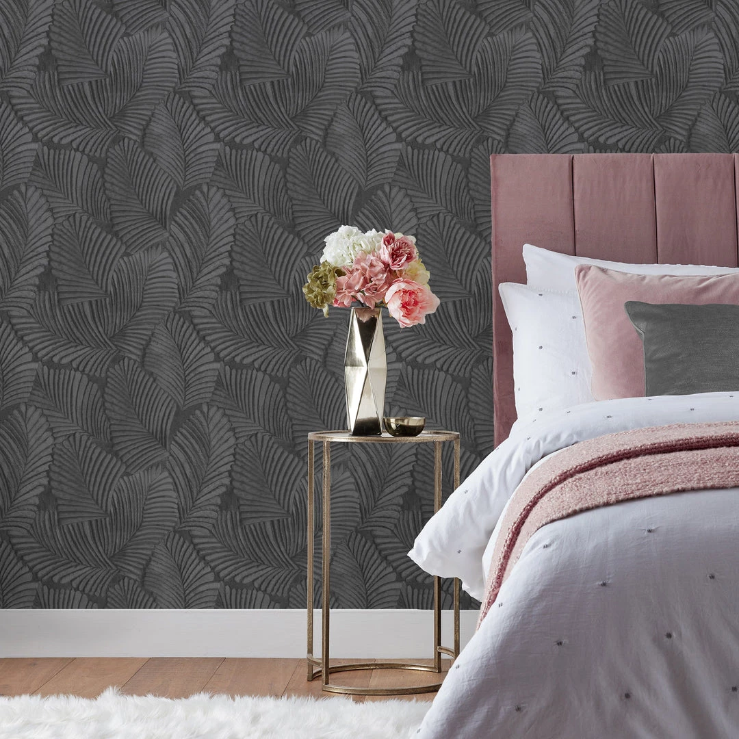 Ashton And Barrow Luxury Art Deco Palm Leaf Design Wallpaper - Charcoal Grey (10.5m Length) 2 Ashton And Barrow Luxury Art Deco Palm Leaf Design Wallpaper - Charcoal Grey (10.5m Length)