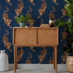 Ashton And Barrow Tibetan Tiger Luxury Patterned Wallpaper - Navy Blue (10.5m Length) Wallpaper (New!)