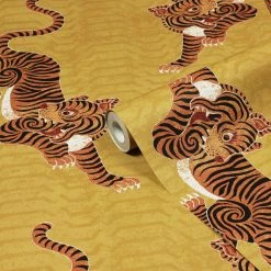 Ashton And Barrow Tibetan Tiger Luxury Patterned Wallpaper - Mustard Yellow (10.5m Length)