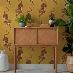 Ashton And Barrow Tibetan Tiger Luxury Patterned Wallpaper - Mustard Yellow (10.5m Length)