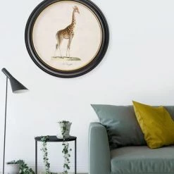 Ashton And Barrow Art & Prints Vintage Giraffe On White Background C.1836 - Round Glass-Framed Print With Gold Detail