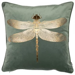 Malini Lavish Dragonfly Velvet Feather Cushion (43x43) - Green & Copper Foil NEW IN!