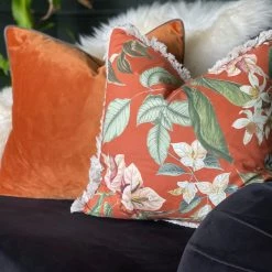 Ashton And Barrow Soft Furnishings Velvet Pumpkin Orange Feather Cushion With Mocha Piping (55x55cm)