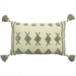 Ashton And Barrow Boho White & Grey Textured Cotton Feather Cushion With Tassels (30x50cm)