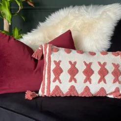 Ashton And Barrow Boho White & Brick Textured Cotton Feather Cushion With Tassels (30x50cm)