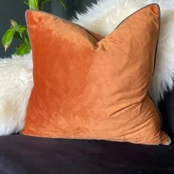 Ashton And Barrow Soft Furnishings Velvet Pumpkin Orange Feather Cushion With Mocha Piping (55x55cm)