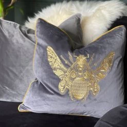 Ashton And Barrow Velvet Charcoal Grey Feather Cushion With Light Grey Piping (55x55cm) Soft Furnishings