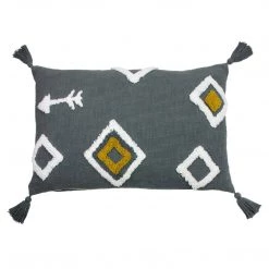 Ashton And Barrow Charcoal Grey Geometric Feather Tassel Cushion (40x60cm) Soft Furnishings